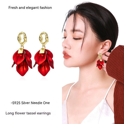 Long Rose Petal Fringed Earrings