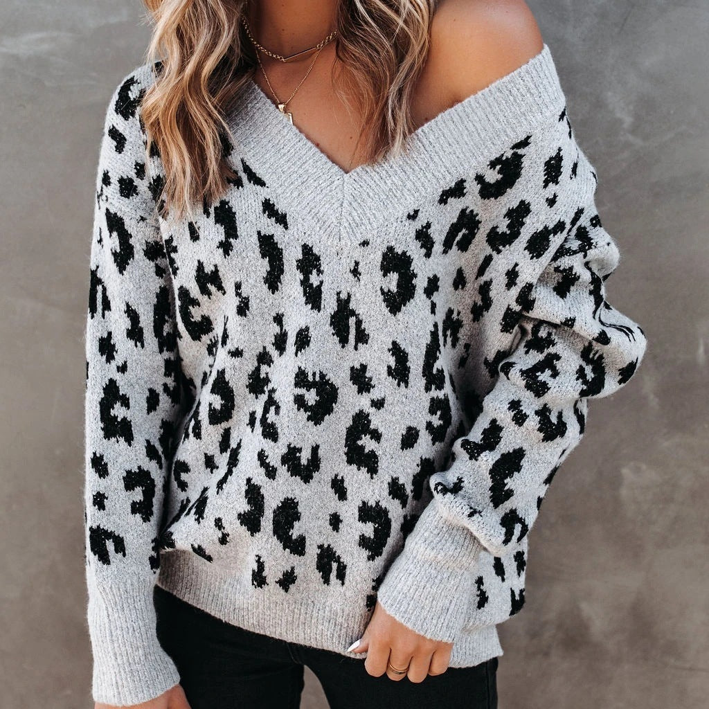 Casual V-neck Leopard Print Core-spun Yarn Sweaters