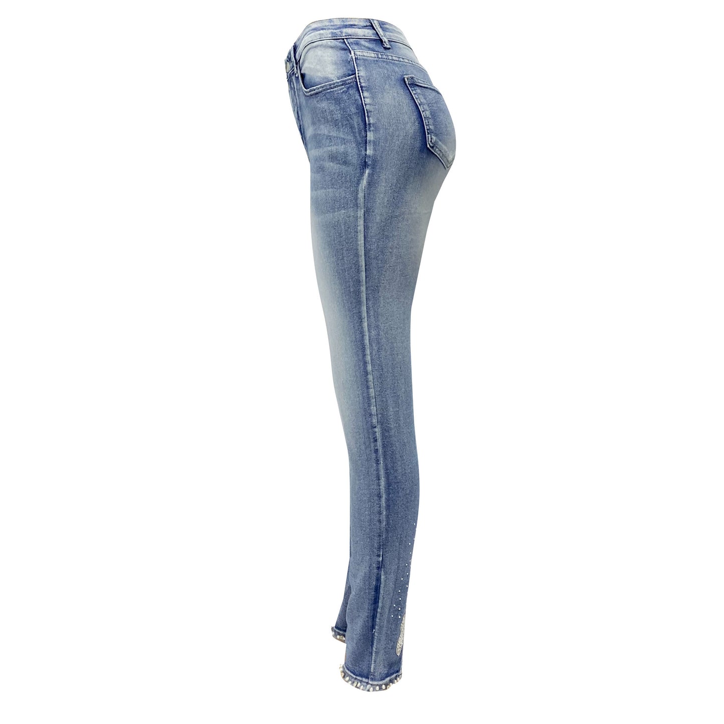 Damen Jeanshose mit hoher Taille und Perlenbesatz, schmal zulaufende Hose