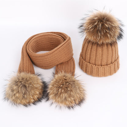 Children's raccoon fur ball hat scarf set