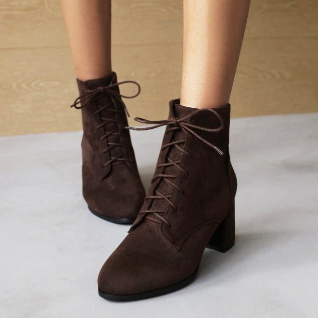 Frosted Short Boots Front Lace-up Chunky Heel