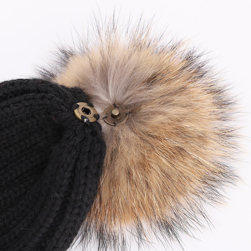 Children's raccoon fur ball hat scarf set