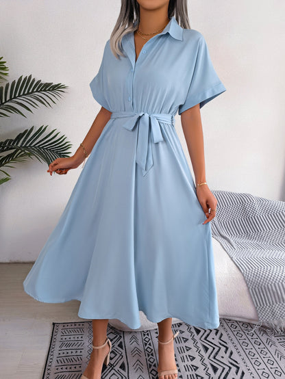 Leisure Loose Pure Color Tied Shirtdresses