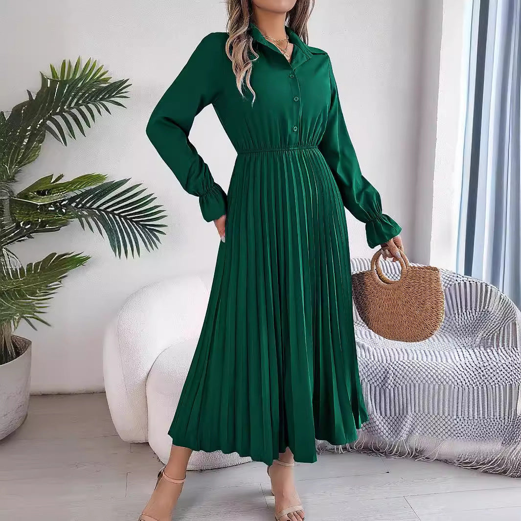 Leisure Lapel Button Long Sleeve Cinched Pleated Dresses