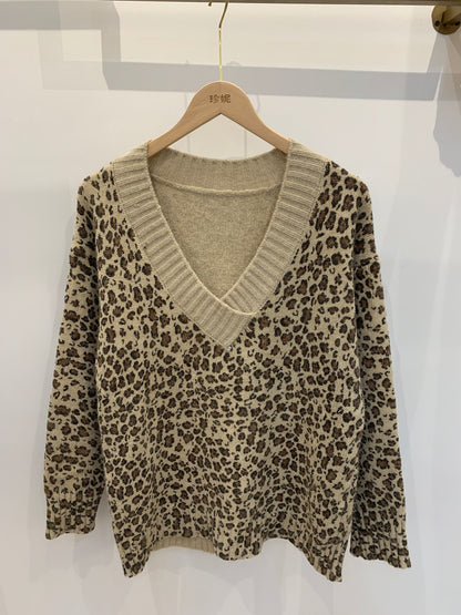 V-neck Leopard Print Casual Sweaters