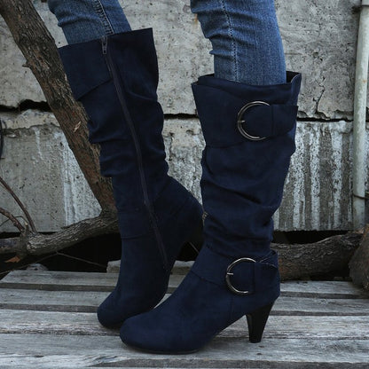 High Tube Below The Knee Round Head Buckle Boots