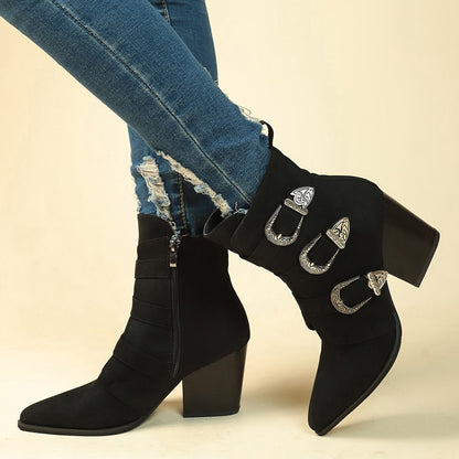 Chunky Heel Pointed Toe Boots With Belt Buckle