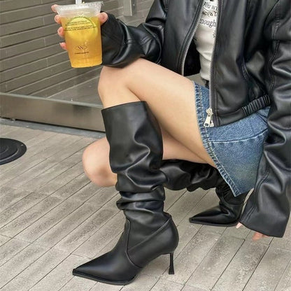 Pointed Pleated High Boots