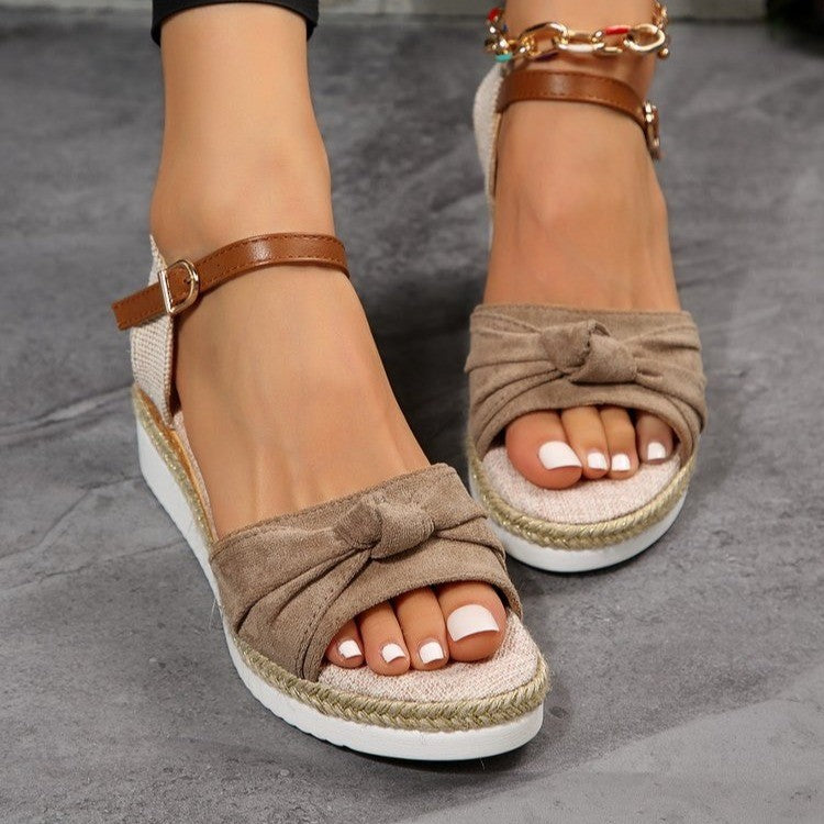 Casual Linen Buckle Wedges Bow Sandals