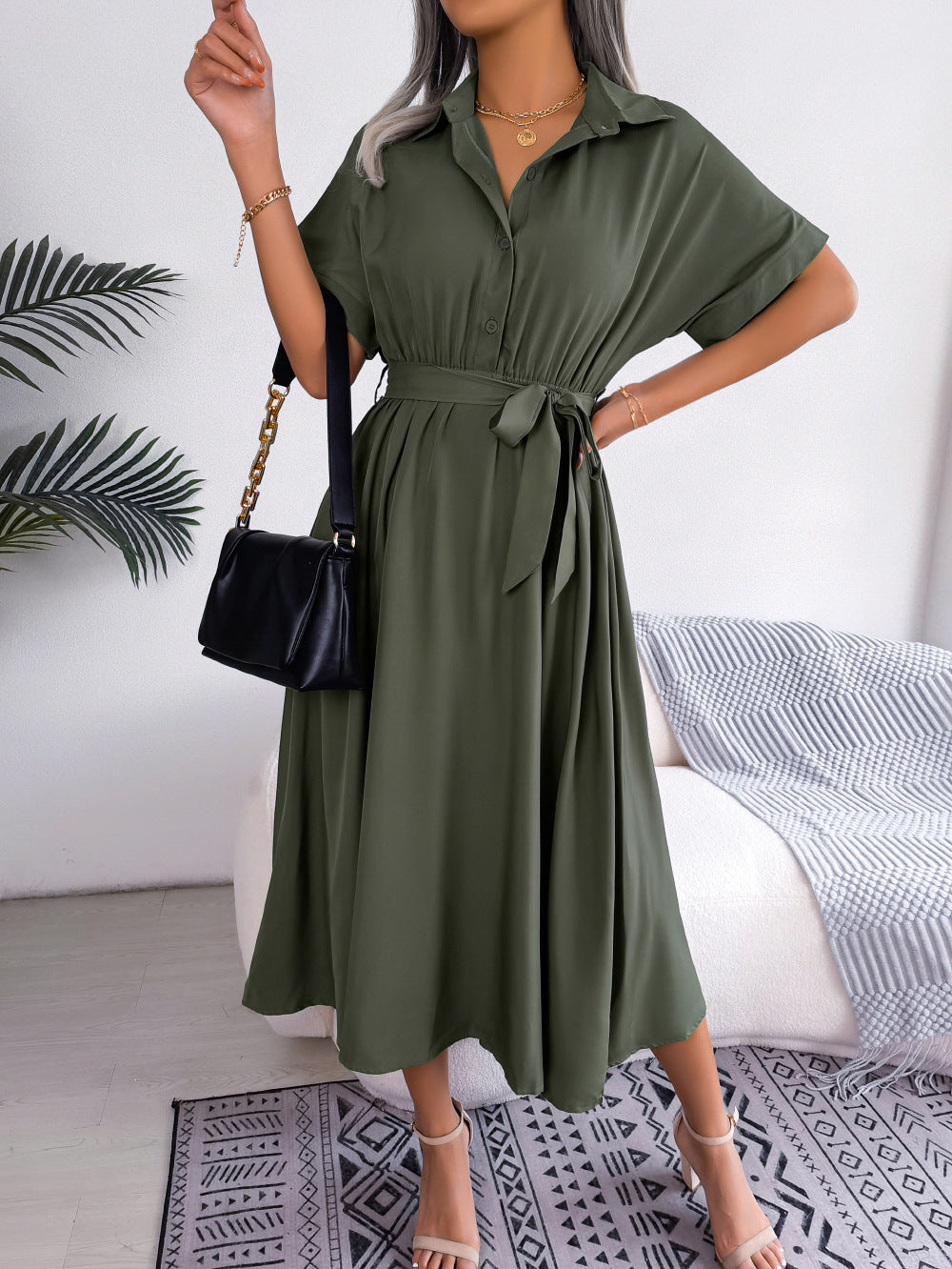 Leisure Loose Pure Color Tied Shirtdresses