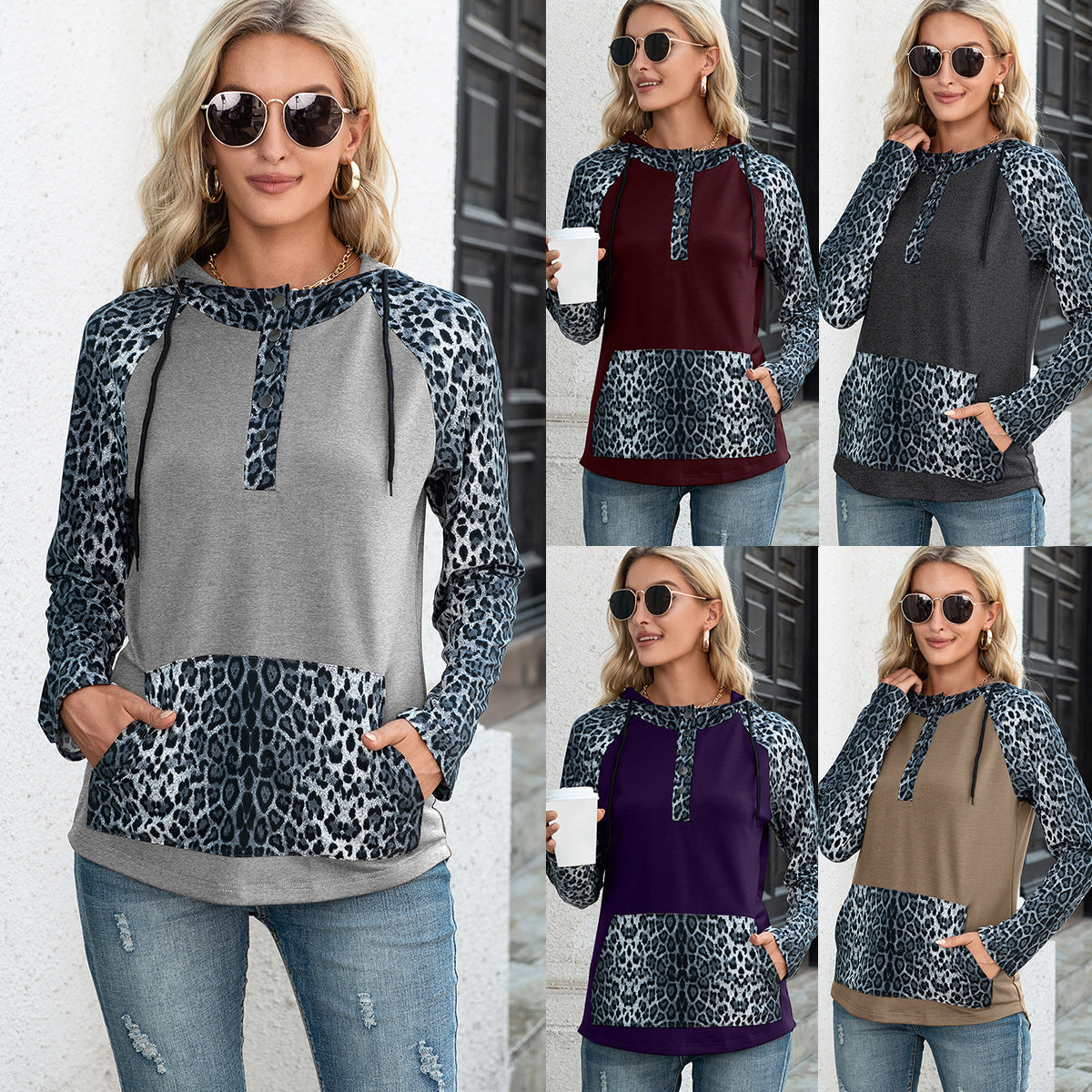 Leopard Print Hooded Long Sleeve Sweaters