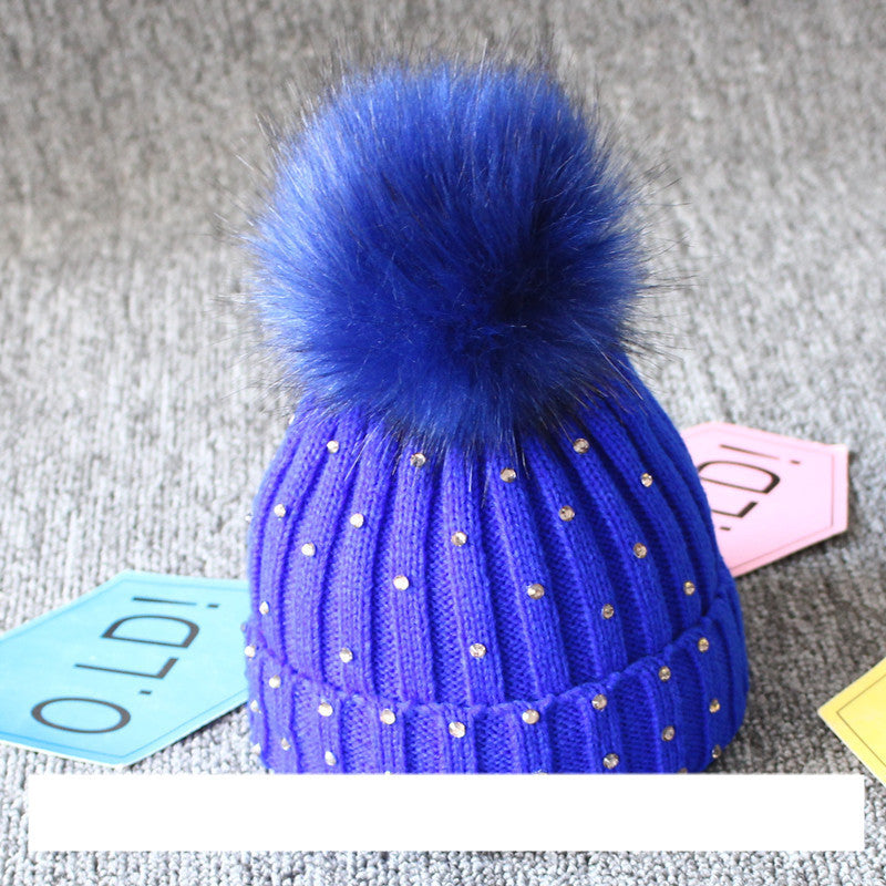 Children's Woolen Knit Hat With Big Hair Ball