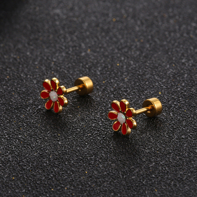 Flower Titanium Steel Ear Studs Girl Small Three-dimensional