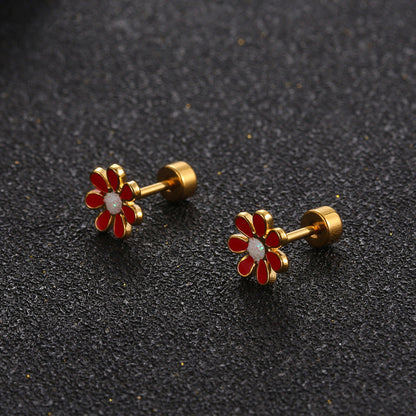 Flower Titanium Steel Ear Studs Girl Small Three-dimensional