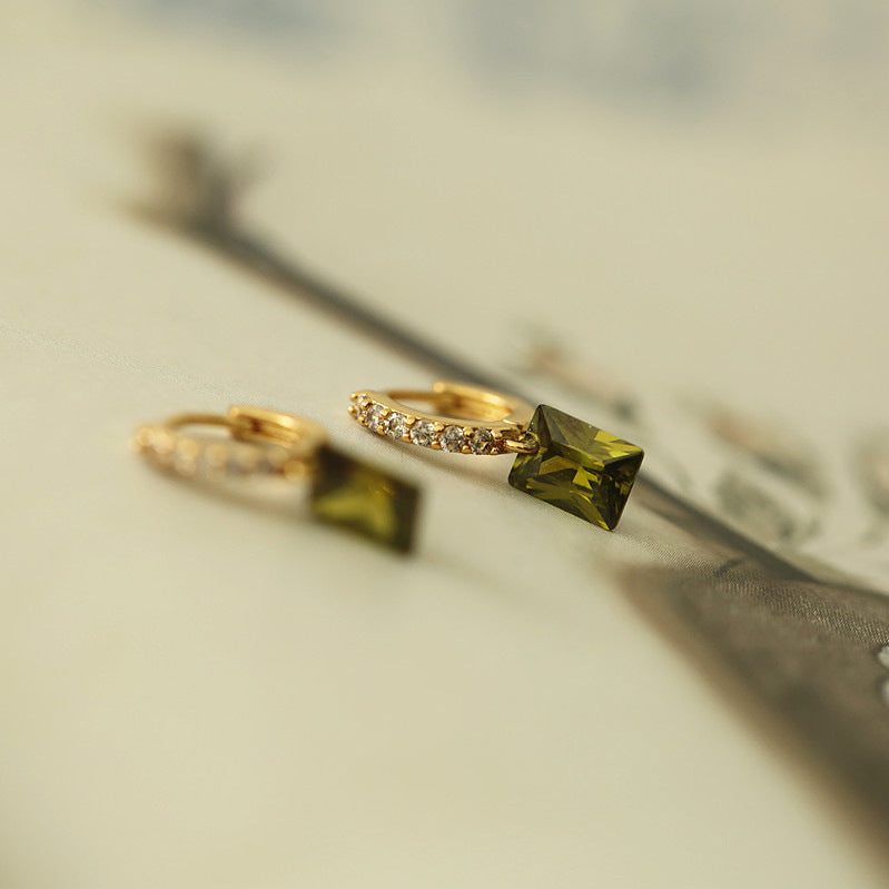 Olive Green Rectangular Rhinestone Earrings