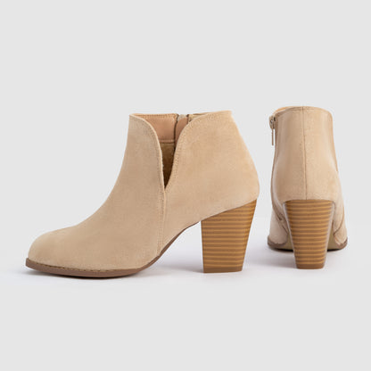 Suede V Cut Side Zipper Round Head Chunky Heel Ankle Boots