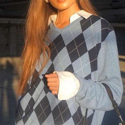 V-neck Plaid Loose Knitted Sweaters