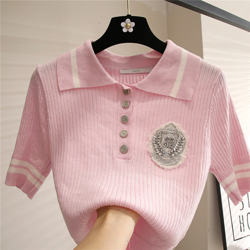 Badge Lapel Short-sleeved Sweater Women