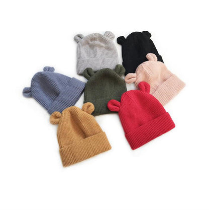 Children's Bear Ears Knitted Cuffed Solid Color Dome Warm Hat