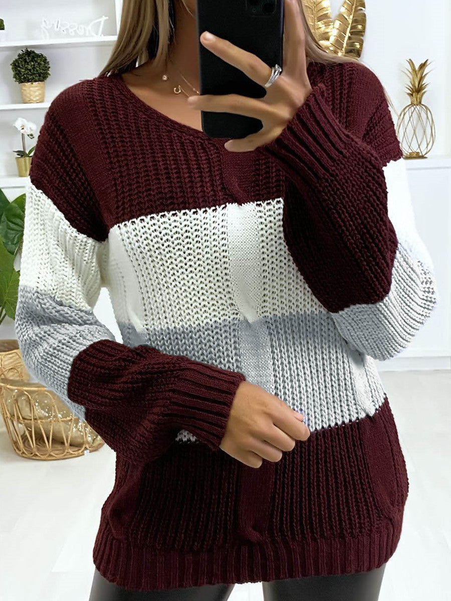 Knitted V Neck Color Matching Long Sleeved Sweaters