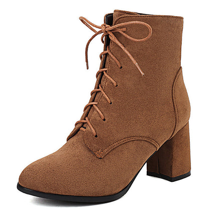 Frosted Short Boots Front Lace-up Chunky Heel