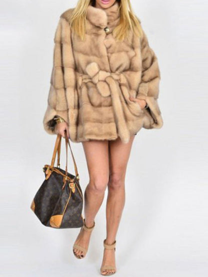 Solid Faux Fur Jackets Stand Collar Loose Belt