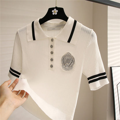 Badge Lapel Short-sleeved Sweater Women