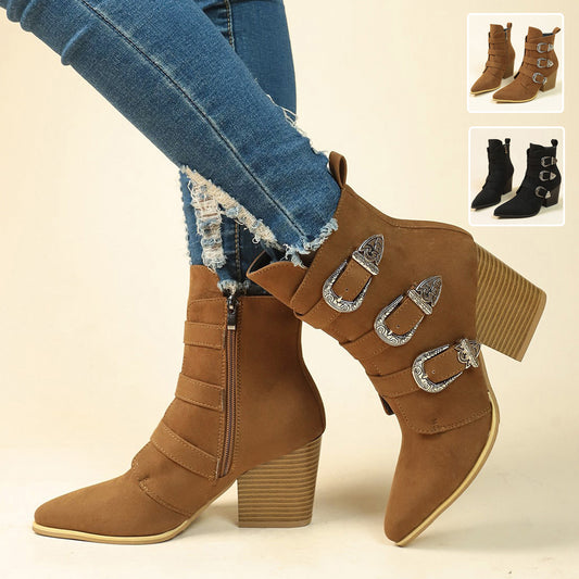 Chunky Heel Pointed Toe Boots With Belt Buckle