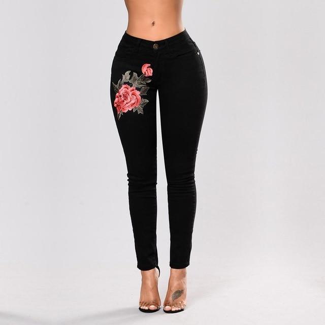 Jeans De Mezclilla Desgarrados Con Rosas Para Mujer