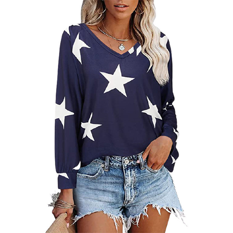 Five-pointed Star Print V-neck Long-sleeved T-shirts