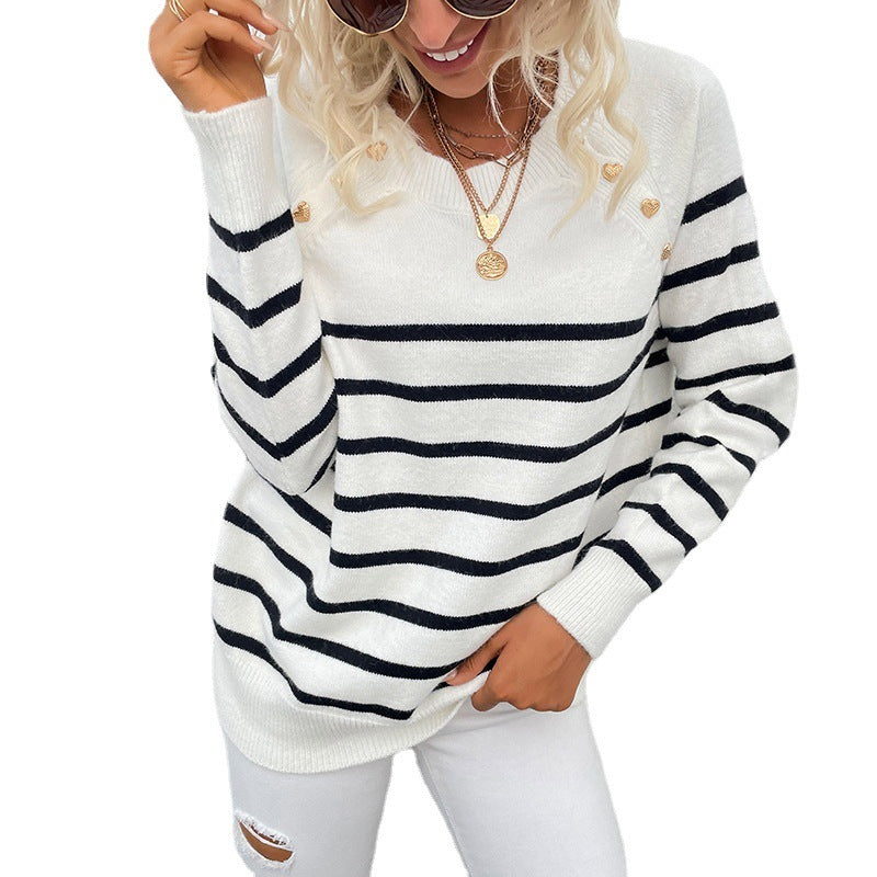 Striped Knit Shoulder Button Sweaters