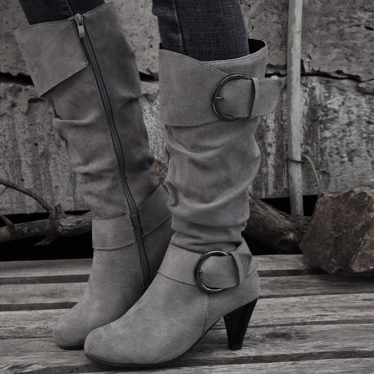 High Tube Below The Knee Round Head Buckle Boots