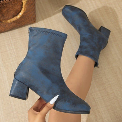 Square Toe French Chunky Heel Solid Color Boots