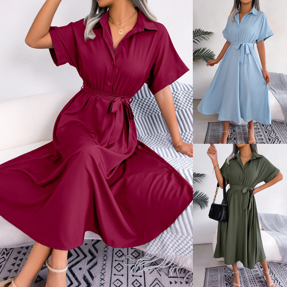 Leisure Loose Pure Color Tied Shirtdresses