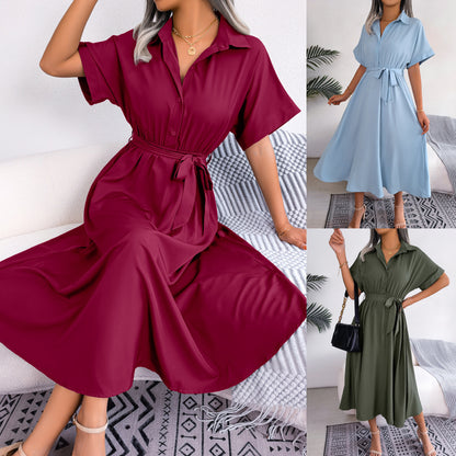 Leisure Loose Pure Color Tied Shirtdresses