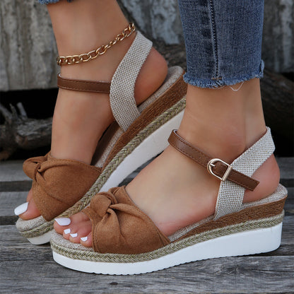 Casual Linen Buckle Wedges Bow Sandals