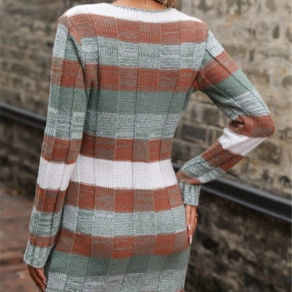 V-neck Color-block Double Pocket Knitted Slim Fit Sweater Dresses