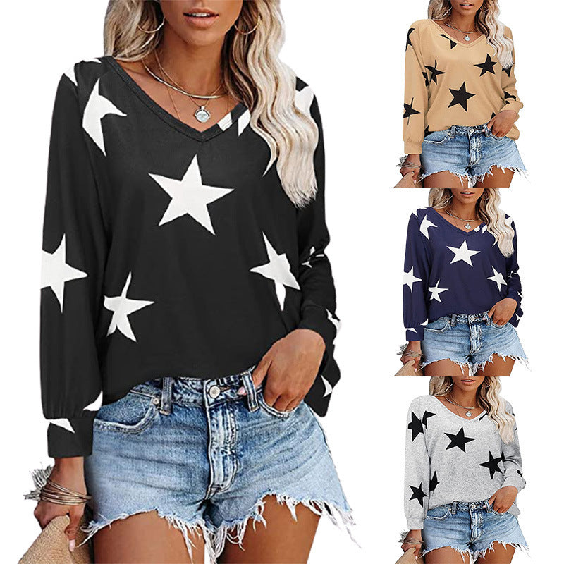 Five-pointed Star Print V-neck Long-sleeved T-shirts