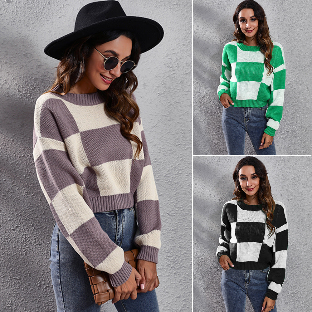 Checkerboard Drop Shoulder Long Sleeved Short Loose Knit Sweater Women Plaid