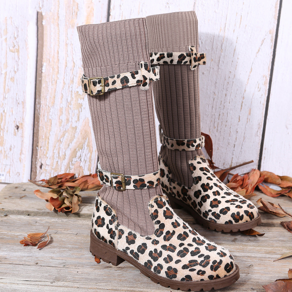 Leapard Shoes Winter Mid Calf Boots Women Sock Boots