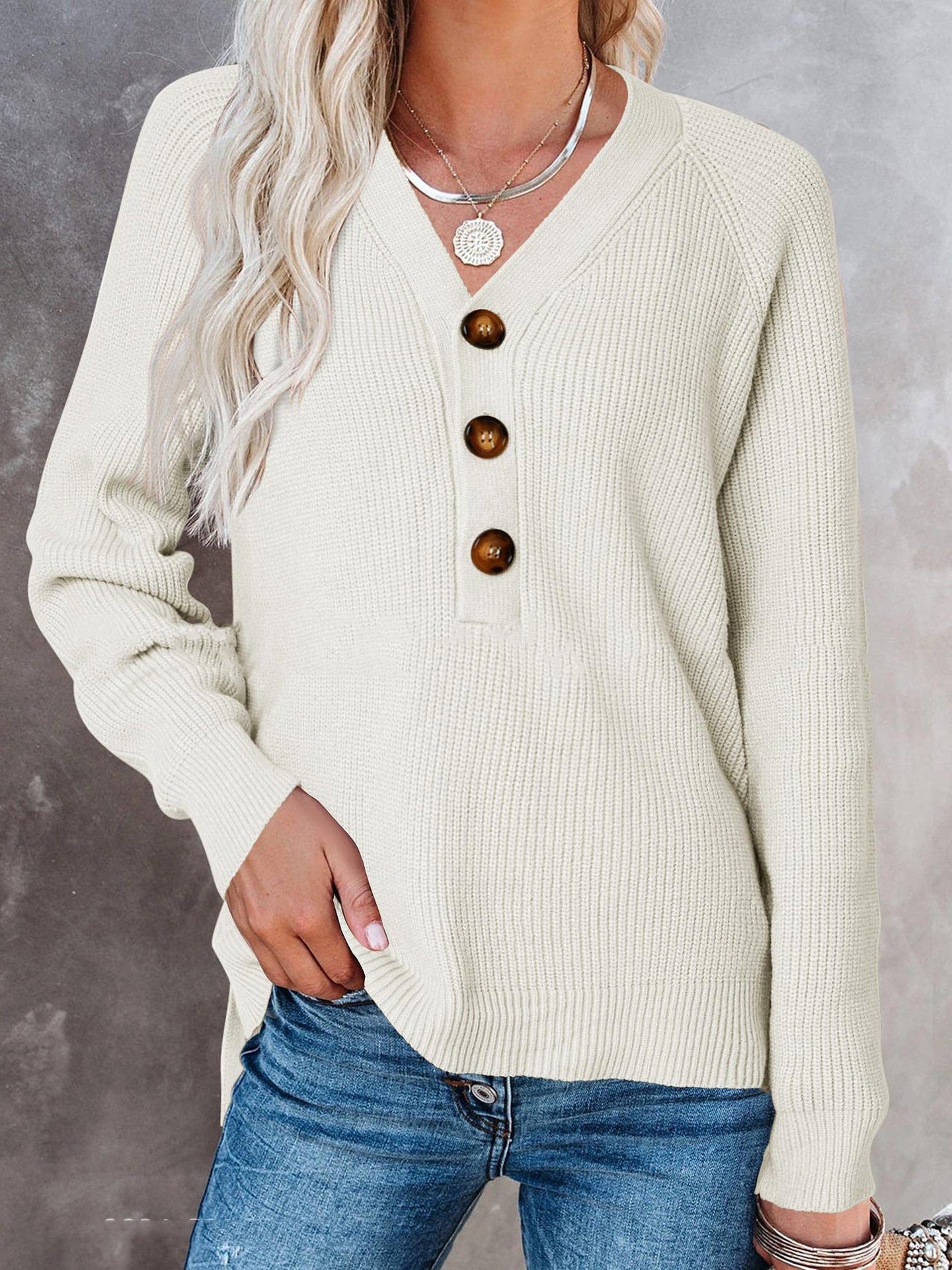 Button Knitted V-neck Sweaters