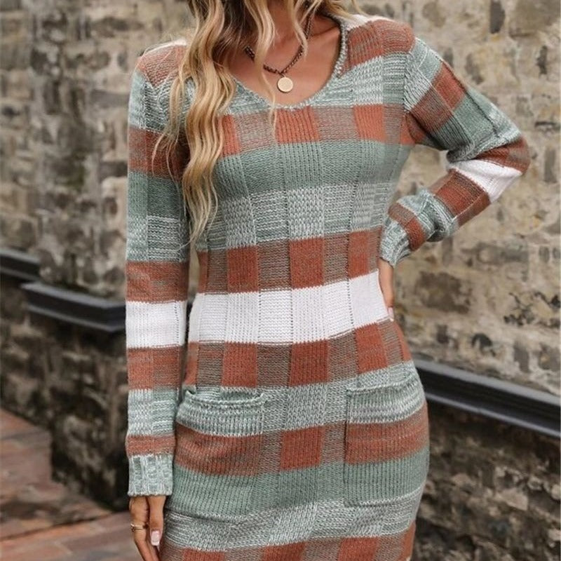 V-neck Color-block Double Pocket Knitted Slim Fit Sweater Dresses