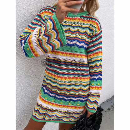 Women Rainbow Autumn And Winter European And American Round Neck Street Sweater