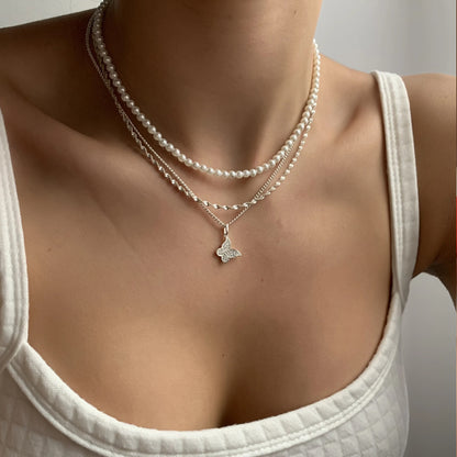 Exquisite Butterfly Multi-layer Pearl Pendant Necklace Set Women Shining Temperament Girlfriend Party Gift Fashion Jewelry