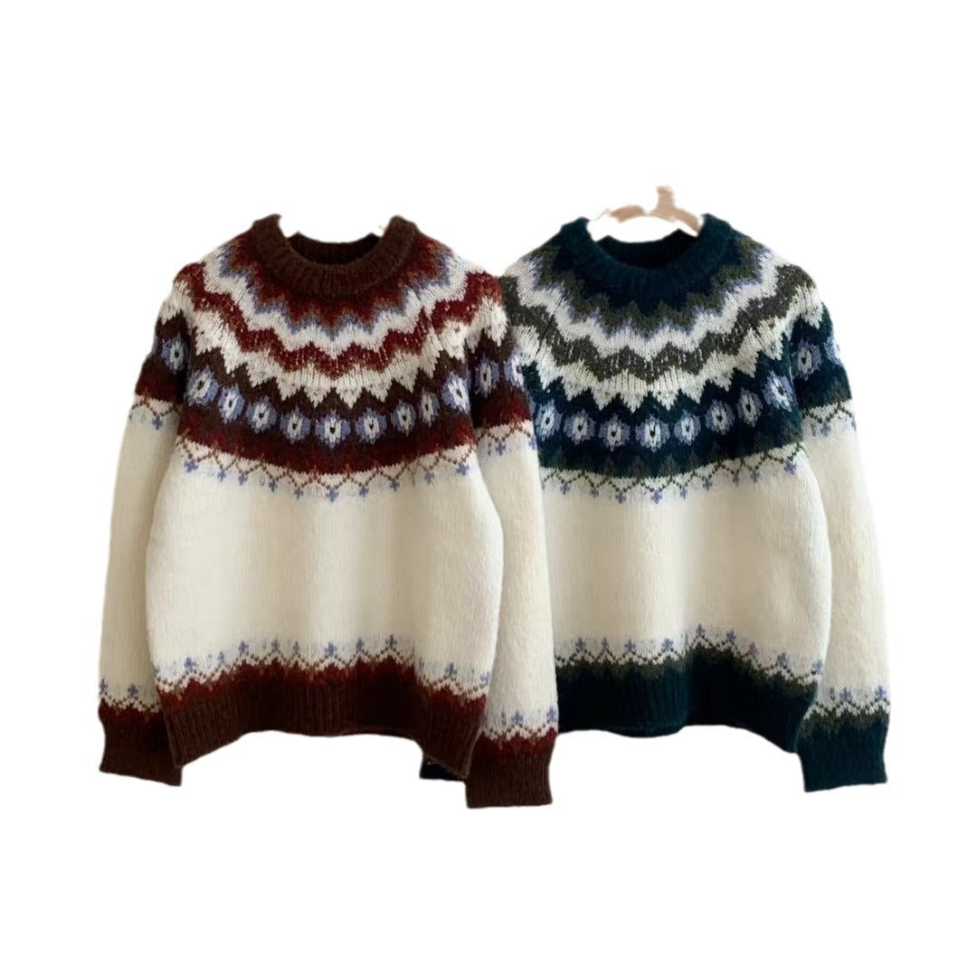 Retro Contrast Color Jacquard High-grade Round Neck Sweater For Women