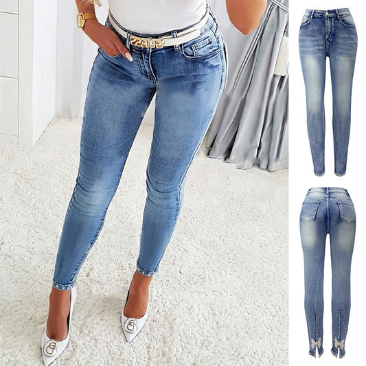 Damen Jeanshose mit hoher Taille und Perlenbesatz, schmal zulaufende Hose