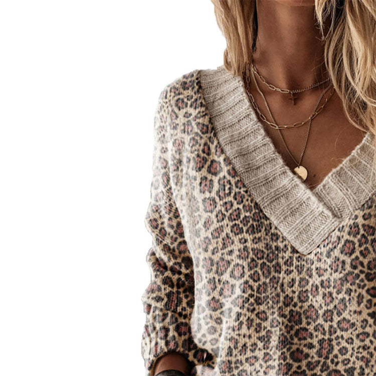 V-neck Leopard Print Casual Sweaters