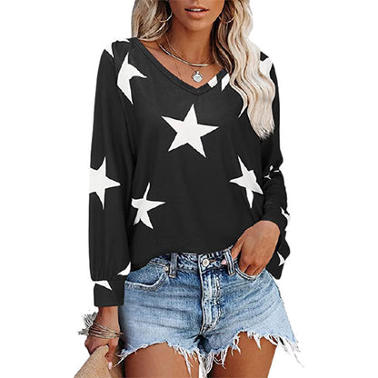 Five-pointed Star Print V-neck Long-sleeved T-shirts