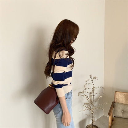 Retro Outer Wear Pullover Horizontal Striped Sweater Women