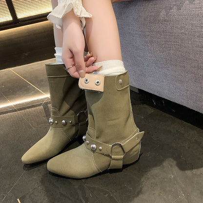 Pointed Rivet Belt Buckle Flat Ankle Boots